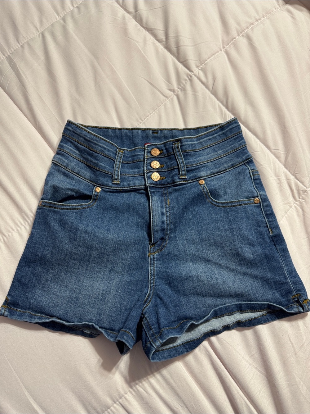 Guess High-Waist Dark Blue Denim Shorts with Triple Button